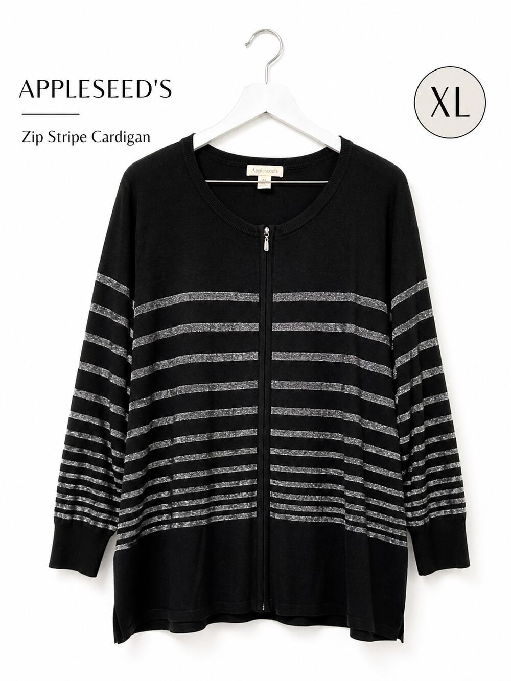 Appleseed’s Zip Cardigan Black Silver Striped Lightweight Sweater XL
